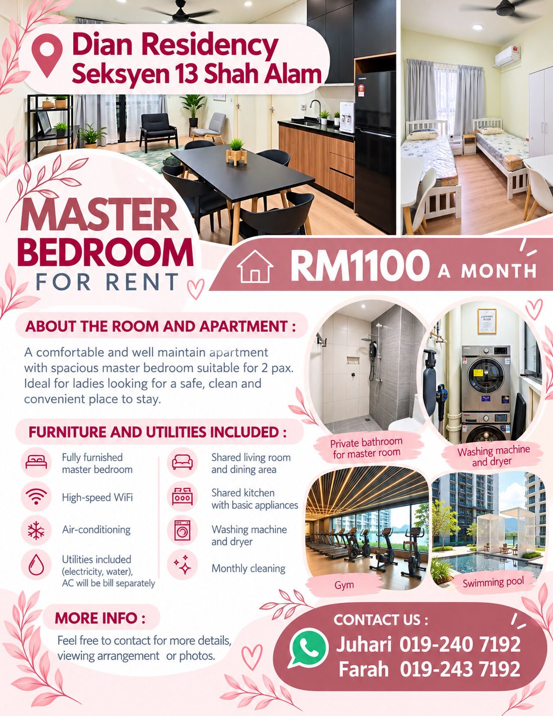 Dian Residency Seksyen 13 Shah Alam Spacious Master Bedroom For Rent. Nearby MSU. - Image 1