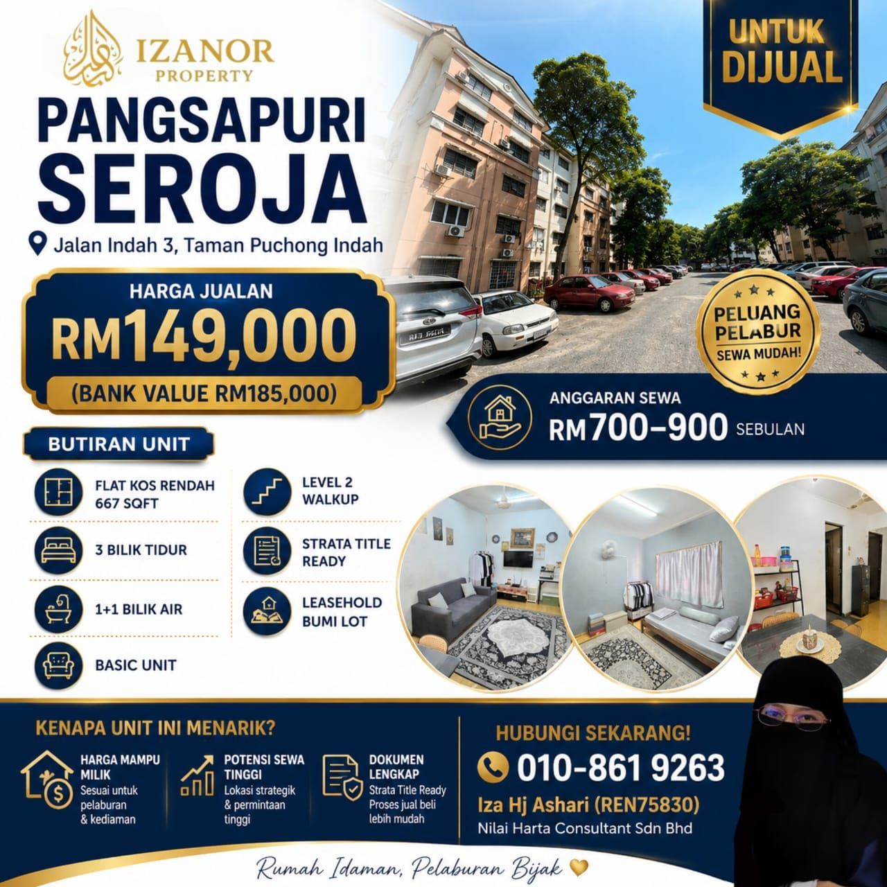 Floor plan - TAMAN PUCHONG INDAH UNTUK DIJUAL!!️ PANGSAPURI SEROJA RM149K | 3 BILIK | 2 BILIK AIR | HARGA BAWAH RM150K - Image 1