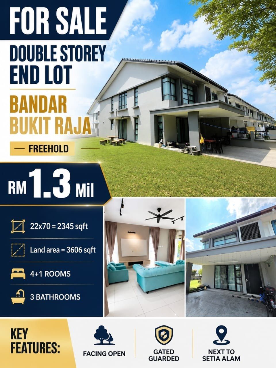 BANDAR BUKIT RAJA | DOUBLE STOREY END LOT| FREEHOLD | 4 BILIK | RM1.3 JUTA NEGO - Image 1