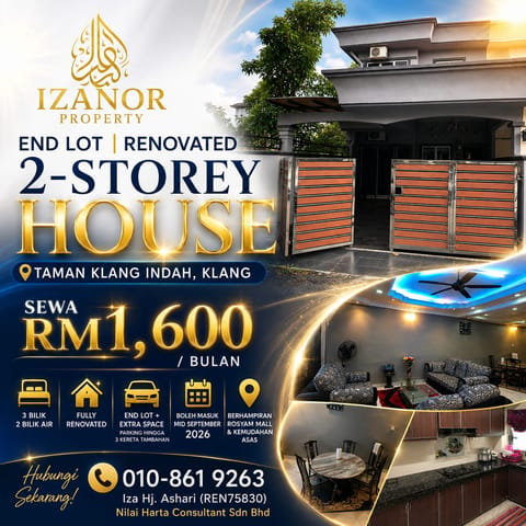 Rumah sewa Taman Klang Indah, Klang - End Lot 2 tingkat!!️