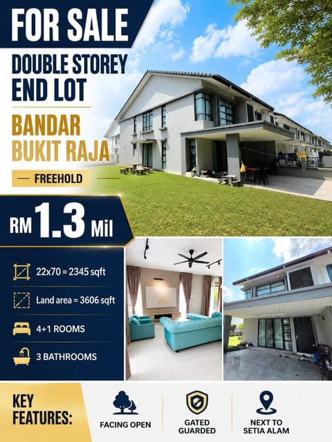 BANDAR BUKIT RAJA | DOUBLE STOREY END LOT| FREEHOLD | 4 BILIK | RM1.3 JUTA NEGO