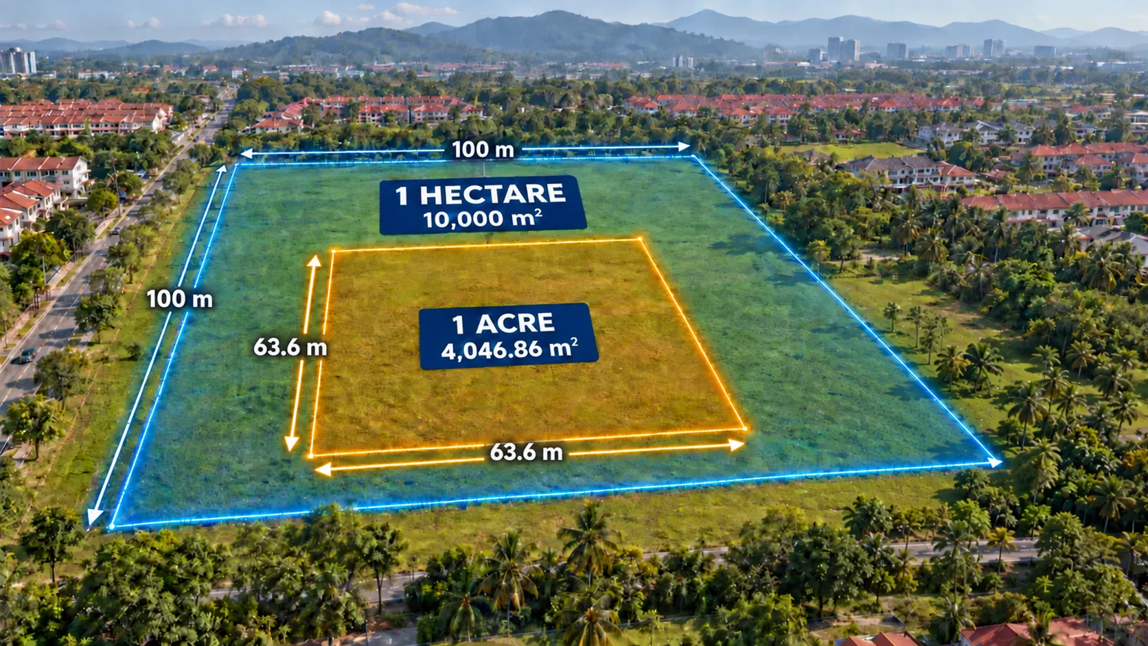 A hectare of grass measuring 100 m by 100 m, with a smaller acre highlighted inside it and dimension arrows marking two adjacent sides as 63.6 m each.