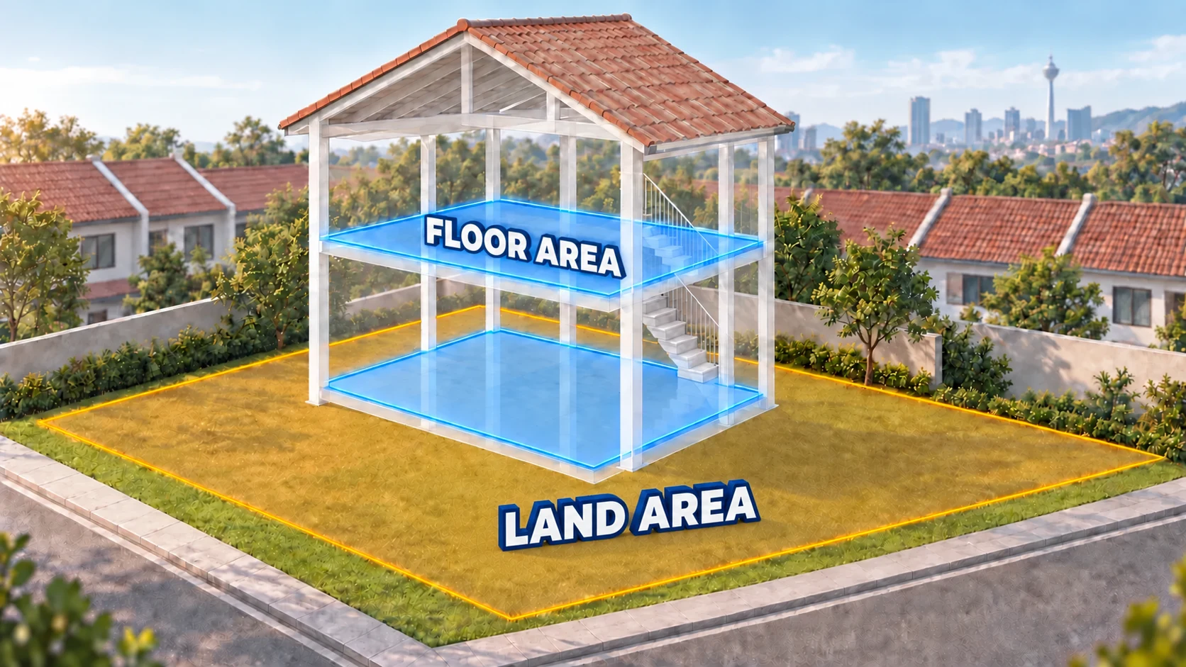 A transparent two-storey house frame with an internal stair and two blue floor slabs, standing within an amber-outlined land parcel. Labels identify floor area and land area within their shaded areas.