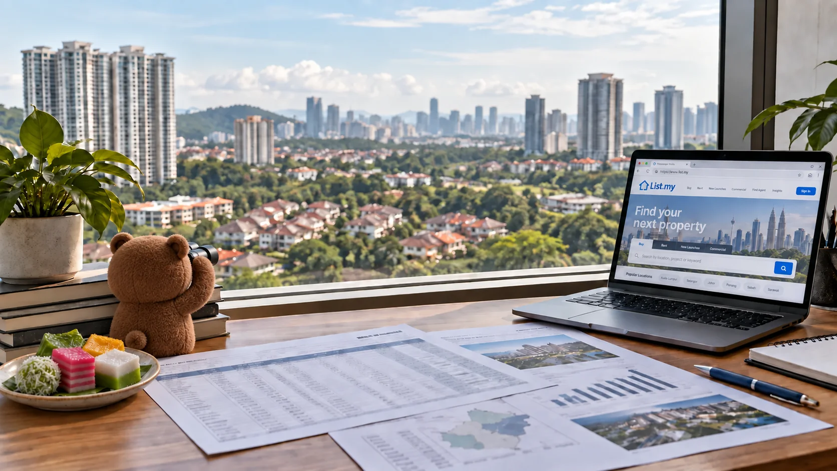 Beh-Beh looks out over Malaysian homes through binoculars, beside a List.my property search and kuih-muih.