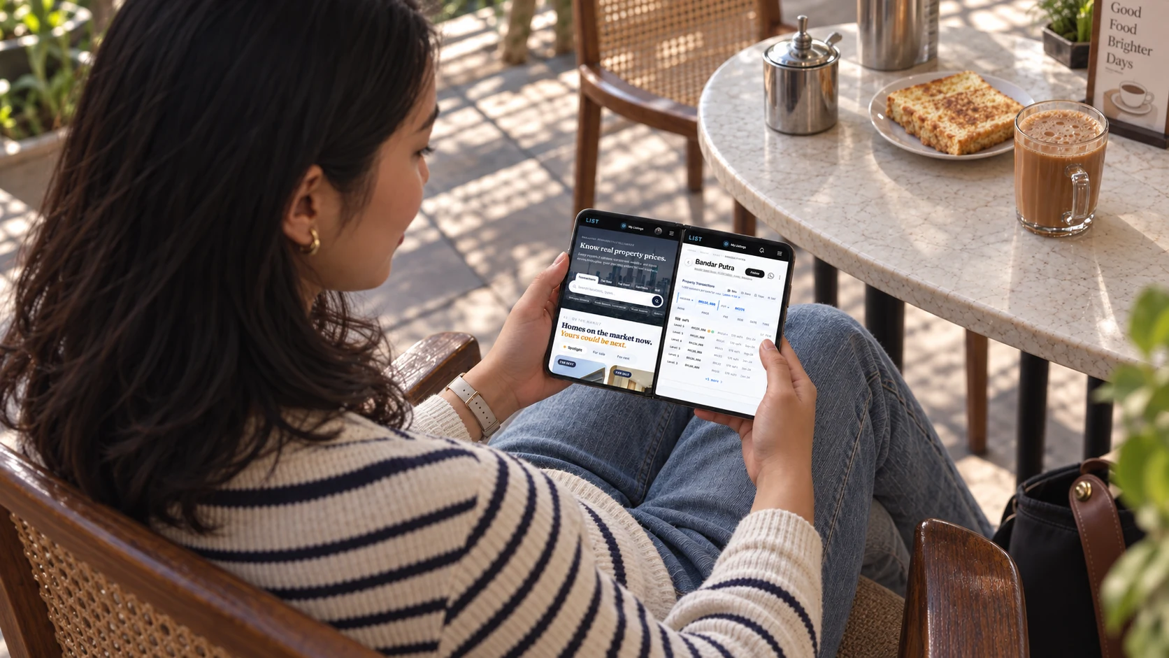 A woman uses an open iPhone Duo to view List.my home on one screen and Bandar Putra subsale transactions on the other at a Malaysian kopitiam.