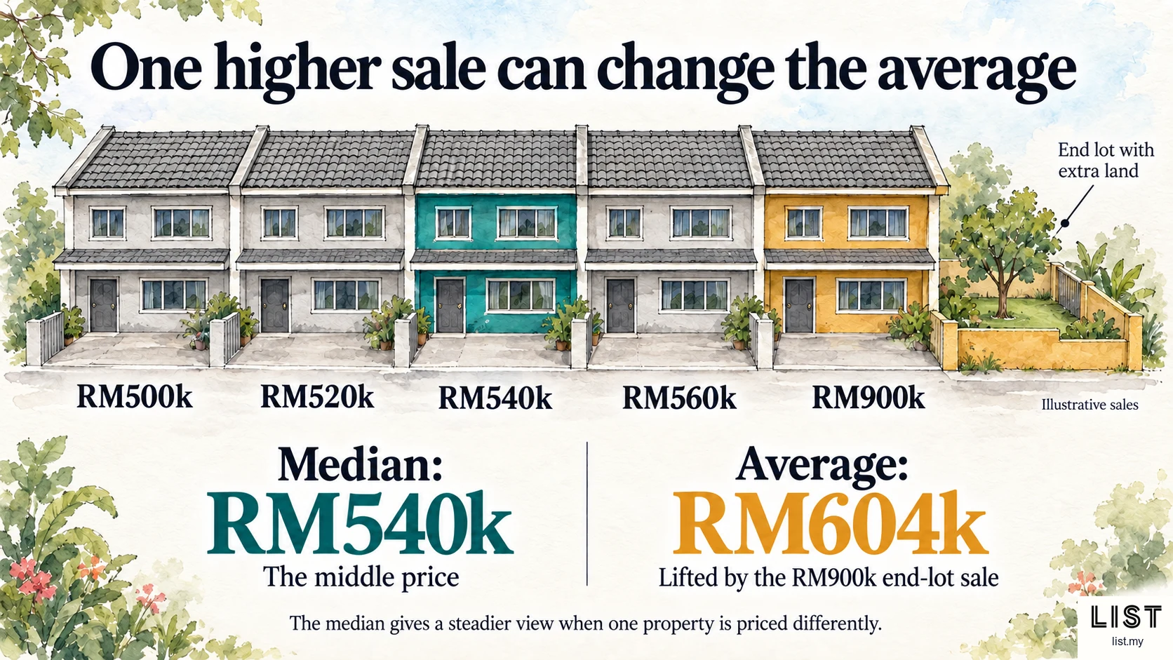 Five terrace-house sales show a RM900k end lot with extra land raising the average above the RM540k median.